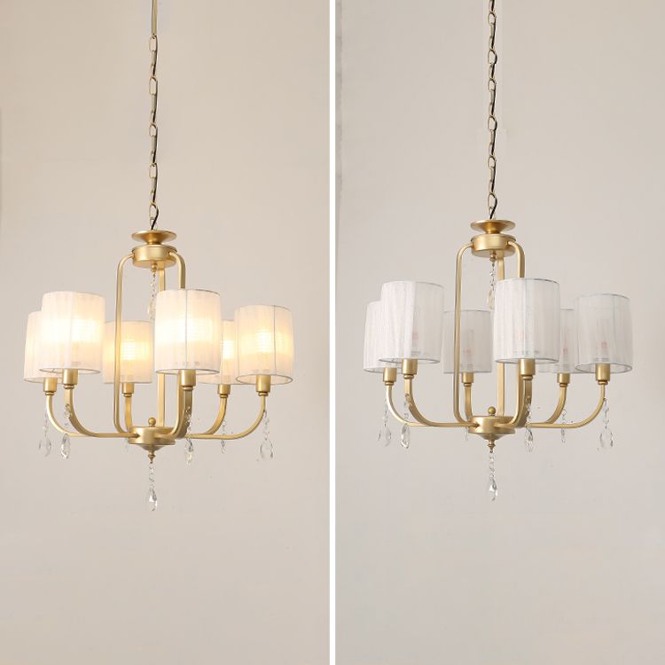 Brass 6 Heads Chandelier Lighting Country Style Fabric Cylinder Pendant Light for Living Room