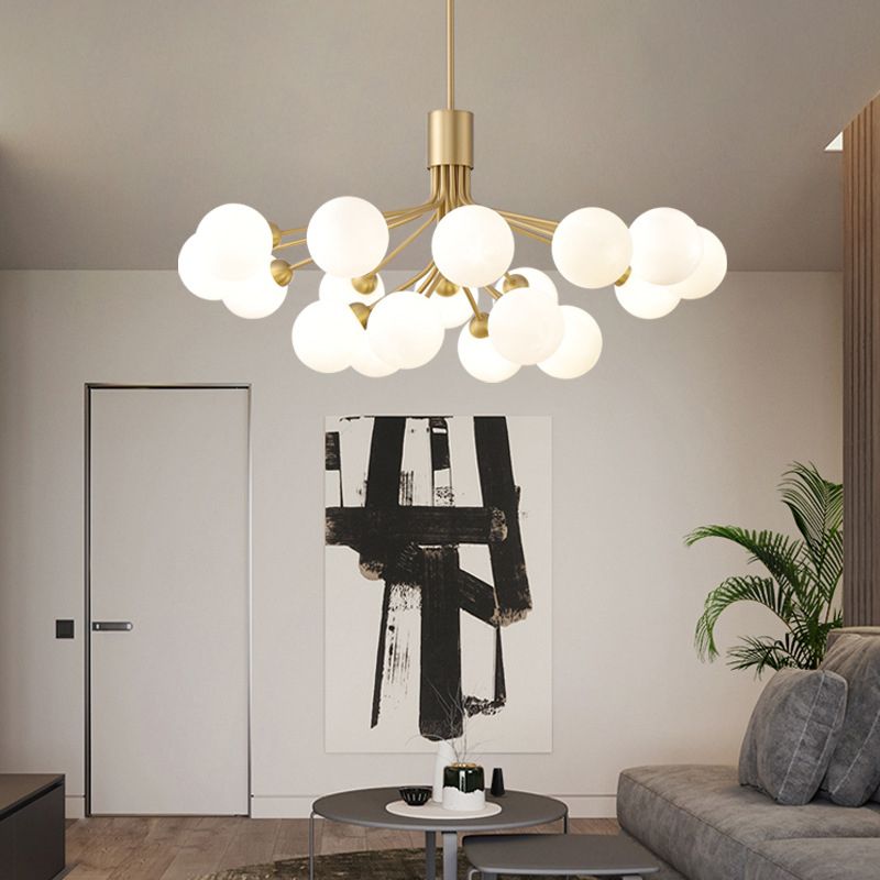 Post-Modern Starburst Hanging Chandelier Light Opal Glass Shade Ceiling Chandelier in Gold for Living Room