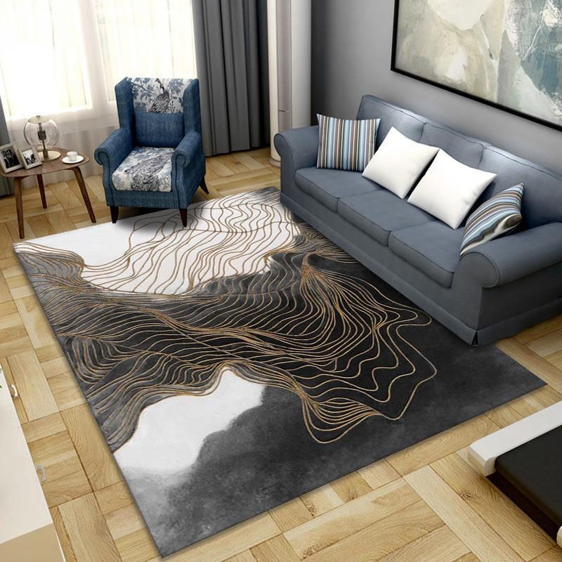 Gold Contemporary Carpet Polyester Line Carpet Non-Slip Backing Carpet for Drawing Room