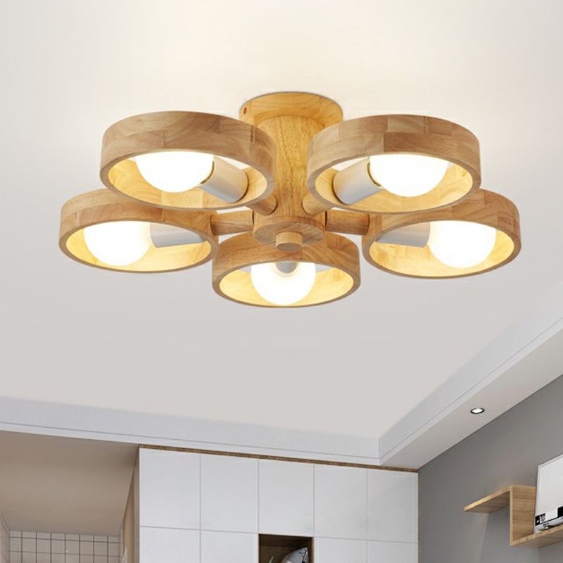 Ring Shaped Semi Flush Chandelier Simplicity Wooden Bedroom Flush Mount Ceiling Light
