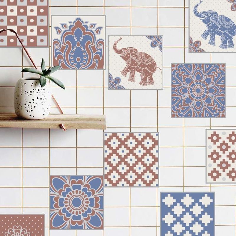 Bohemia Elephant Stick Wallpaper Panels Red-Blue Floral Print Wall Covering (20 Pieces)