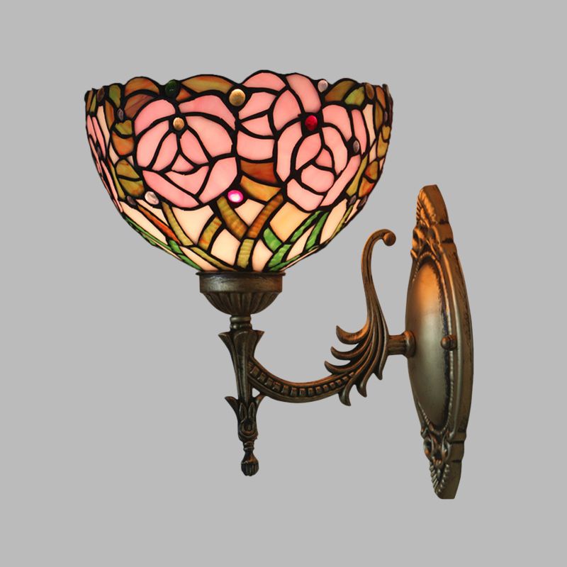 Pink Rose Wall Mount Lighting Tiffany 1 Bulb Stained Glass Sconce with Bronze Carved Arm