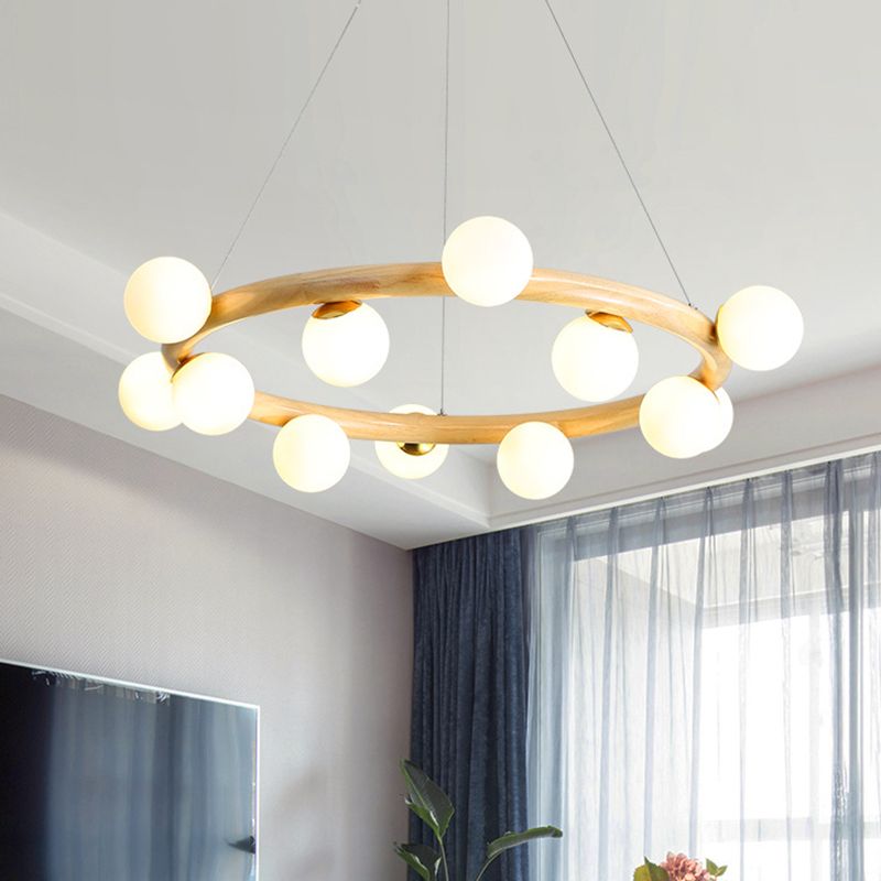Modern Minimalist Round Chandelier Light Fixture Natural Wood Living Room Ceiling Chandelier