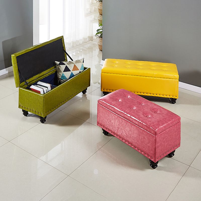Traditional Faux Leather Ottoman Plian Tufted Nailhead Trim Rectangle Ottoman with Storage