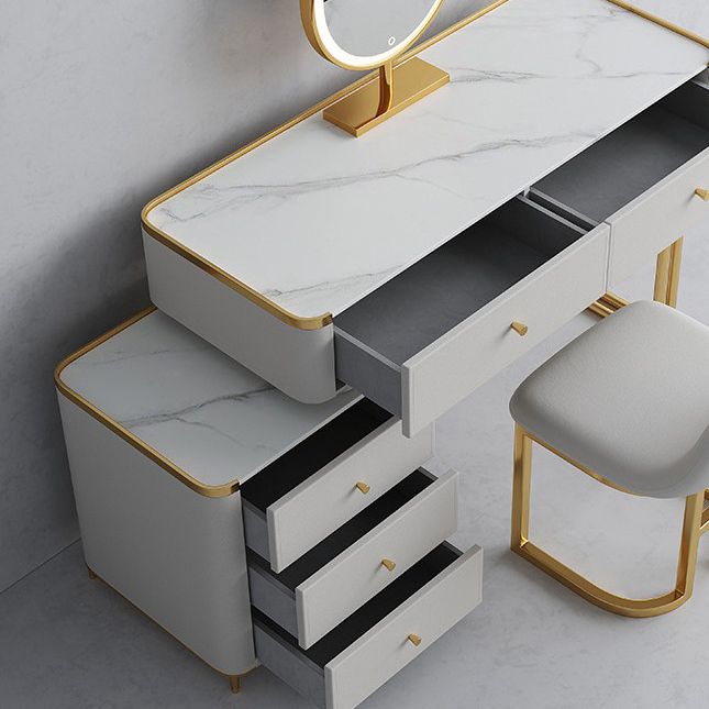 15.74" Wide Glass Vanity Desk with 5 Storage Drawers Cream Wood Vanity Set for Bedroom