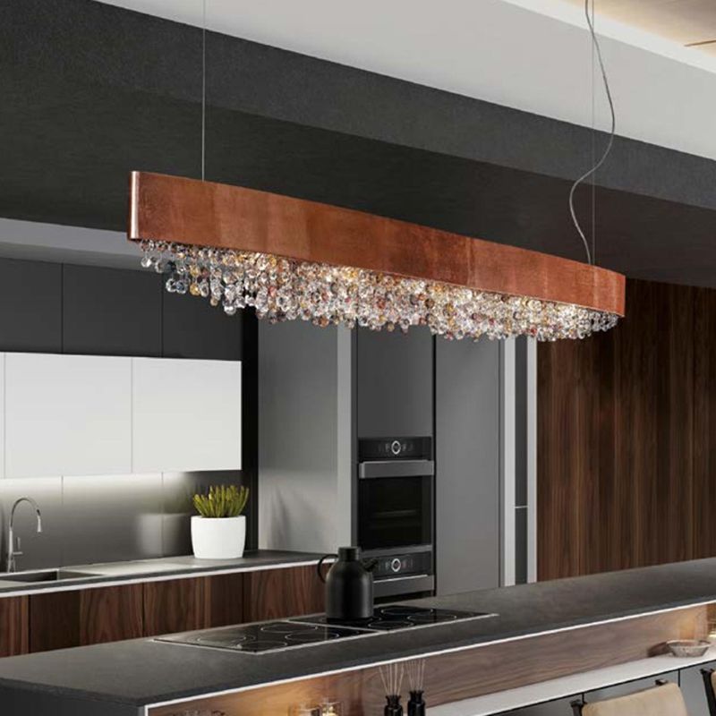 Metal and Crystal Kitchen Island Fixture Linear Ceiling Pendant Fixture