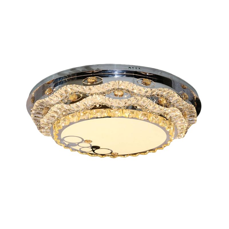Contemporary Circular Flush Mount Clear Cut Crystal Blocks LED Ceiling Fixture in Stainless-Steel