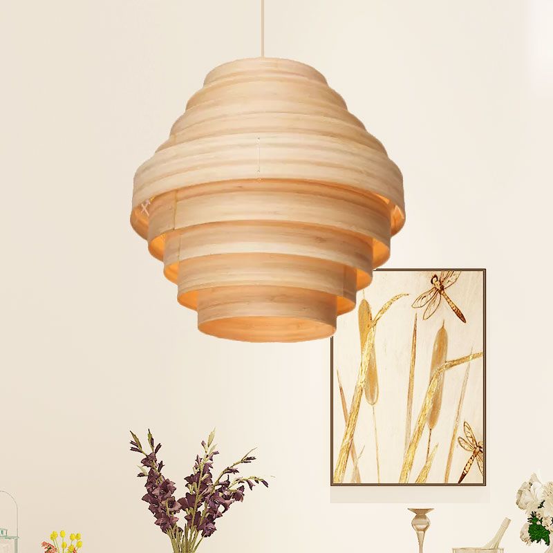 Modern Tiered Suspension Pendant Wooden 1-Light Living Room Hanging Ceiling Light in Natural Wood