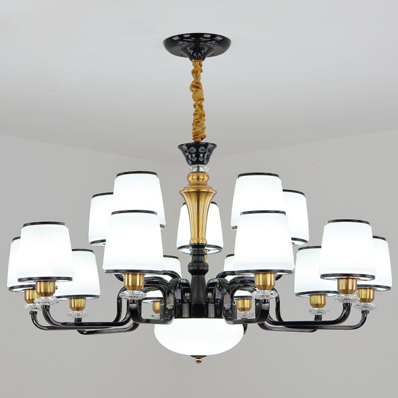 White Glass Barrel Drop Lamp Contemporary Black Chandelier Light Fixture for Dining Room