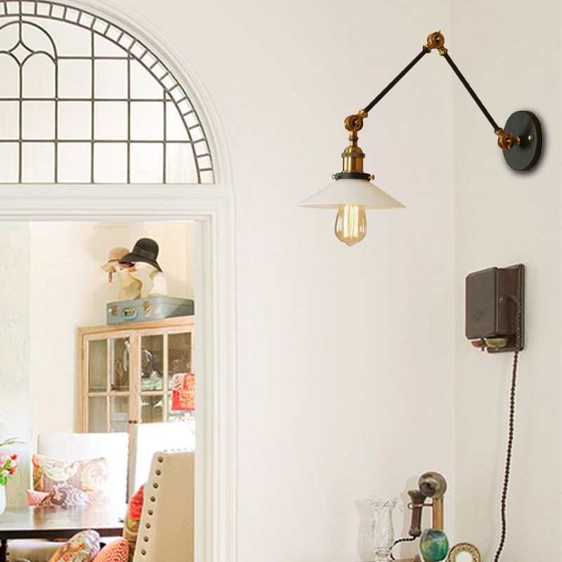 1 Light Saucer Shade Sconce Light Fixture Industrial Brass/Bronze Frosted Glass Wall Lamp with Swing Arm