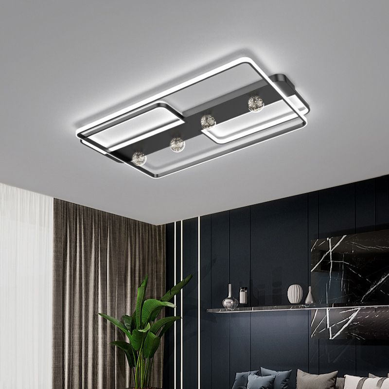 Zwarte rechthoekige inbouwlamp, minimalistische aluminium LED-plafondlamp met bolglazen kap