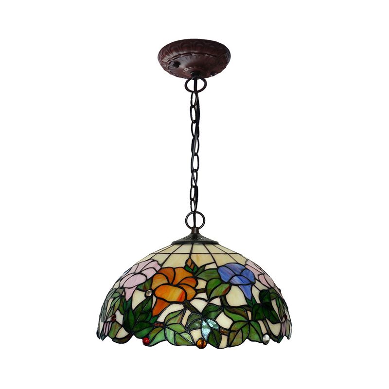 Blossom Pendulum Light 1 Light Red/Pink/Yellow Stained Glass Mediterranean Pendant Lighting Fixture