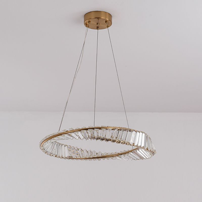 Modern Luxury Circular LED Pendant Light Wrought Iron Hanging Lamp with Crystal Shade