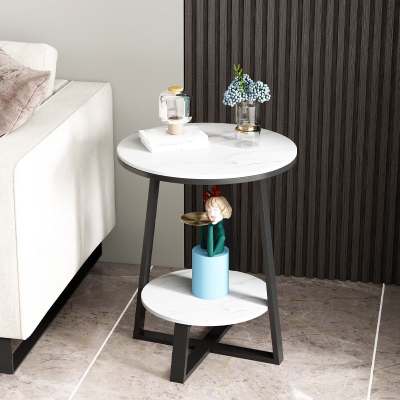 Round Slate Top Side Table 23.6" Tall Iron Cross Legs End Table with Shelf
