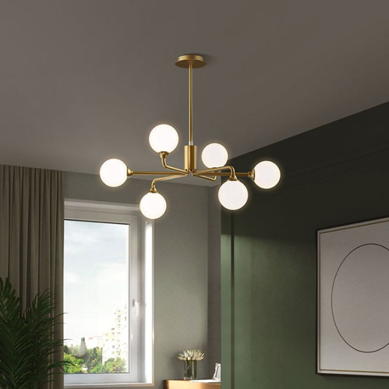Postmodern Sputnik Island Lighting Metal 6/9/12 Heads Living Room Ceiling Pendant in Gold with Ball White Glass Shade