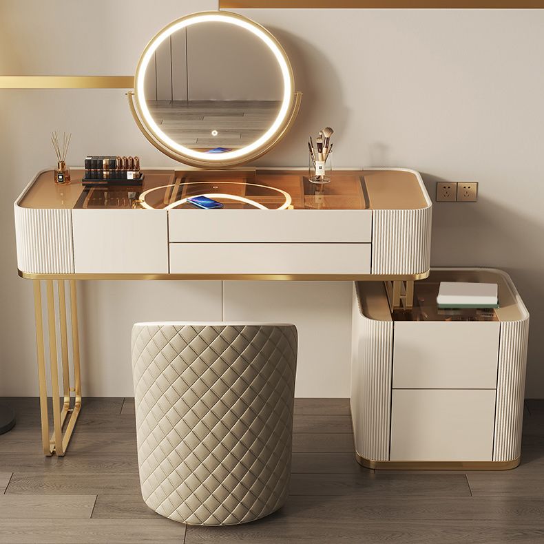 Minimalism Glass Vanity Table with Mirror & Stool 5 Drawers Beige Dressing Table