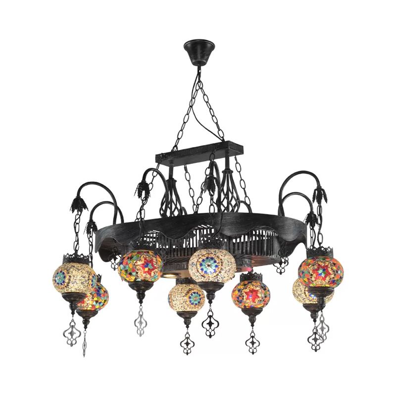 8 Heads Globe Hanging Lighting Bohemia Iron Stained Glass Chandelier Pendant Lamp for Restaurant