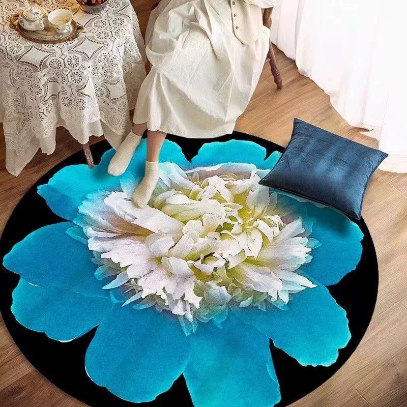 Round Floral Print Rug Casual Polyester Carpet Stain Resistant Area Carpet for Living Room