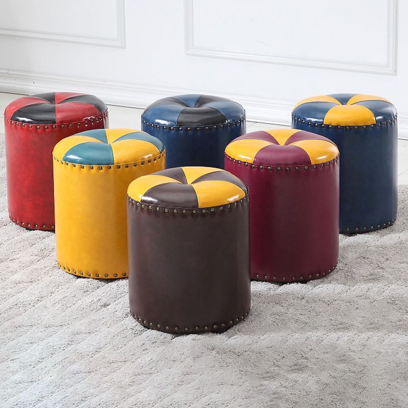 Modern Round Ottoman Color Block Leather Round Ottoman With Nailhead Trim
