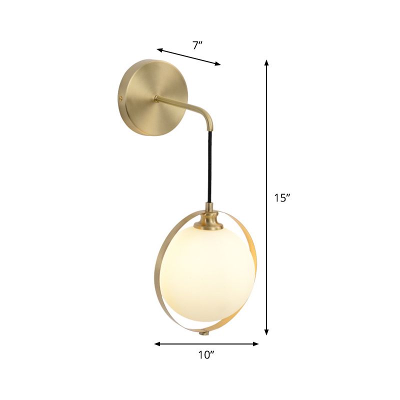 White Glass Ball Sconce Light Modernism 1 Bulb Brass Wall Mount Lamp with Curved Arm