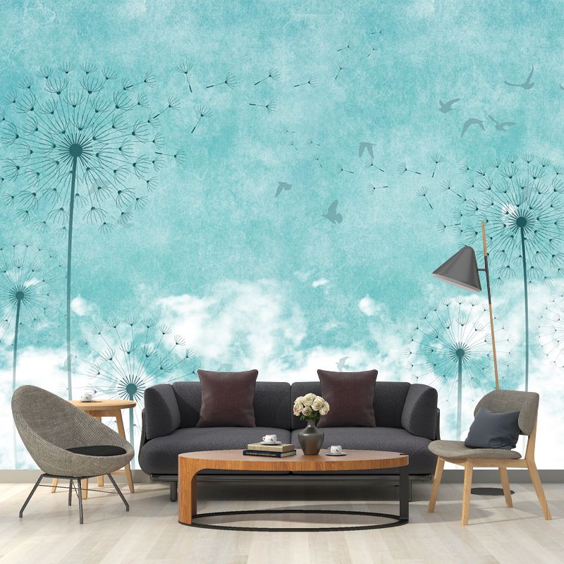 Dandelion Wallpaper Murals in Blue and White, Minimalist Wall Covering for Accent Wall