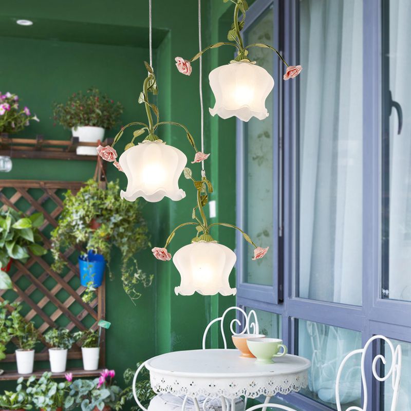 Milk Glass Scalloped Multi Light Pendant Pastoral 3 Bulbs Restaurant Suspension Lighting Fixture in Green with Round/Linear Canopy