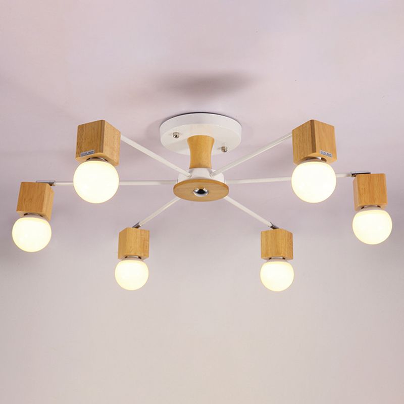 Wooden Cube Semi Mount Lighting Nordic White and Beige Ceiling Flush Light with Open Bulb Design