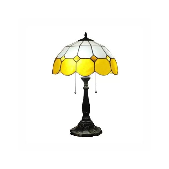 Traditional Dome Table Light with Grid Design Stained Glass 2 Lights Table Lighting in Blue/Yellow