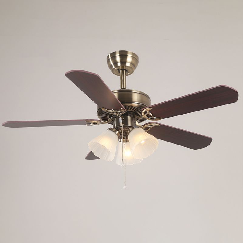 5-Blade Brass Floral Shade Hanging Fan Lamp Classic Frost Glass 3 Bulbs Living Room Semi Flush Light, 42.5" W