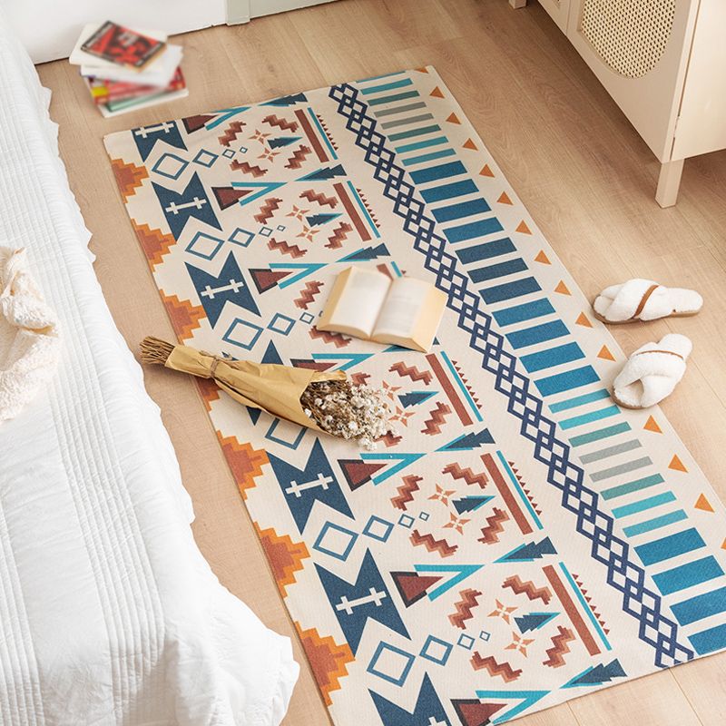 Multicolor Bedroom Rug Bohemian Stripe and Geometric Pattern Rug Flax Washable Anti-Slip Backing Pet Friendly Carpet