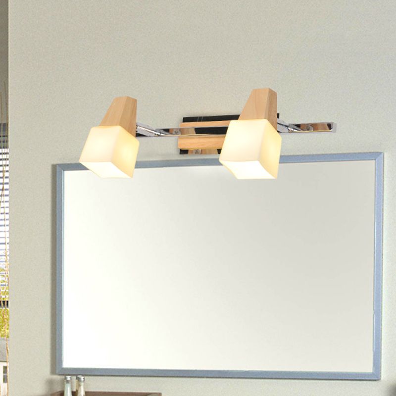 Beige Cube Vanity Light Fixture Modernist 2-Light Milk White Glass Wall Mount Lamp with Wood Top