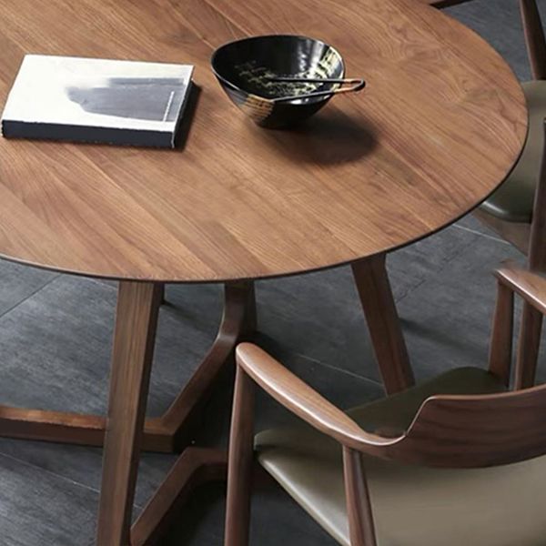 Modern Round Brown Rubberwood Dining Table with Double Pedestal