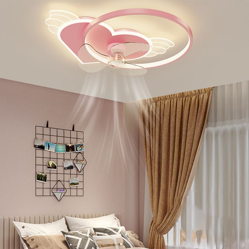 Corazón rosa y anillo Ventilador de techo Cartoon LED Metal Semi Flush Lighting para niños Rala