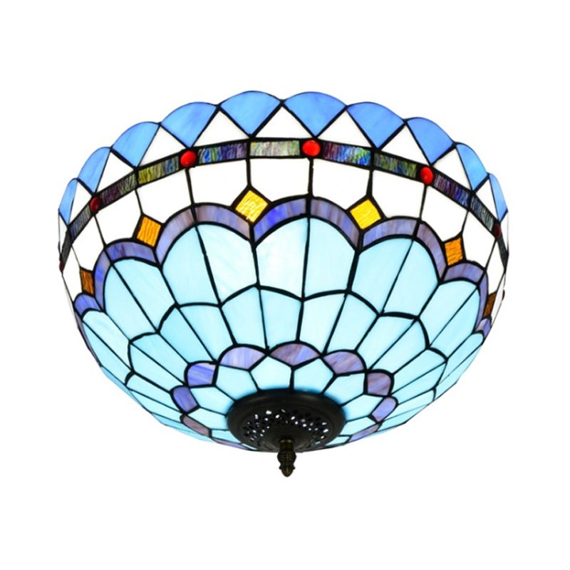 Blue 2/3 Bulbs Ceiling Mount Light Fixture Mediterranean Hand Rolled Art Glass Bowl Flush Mount Lighting, 12"/16" W