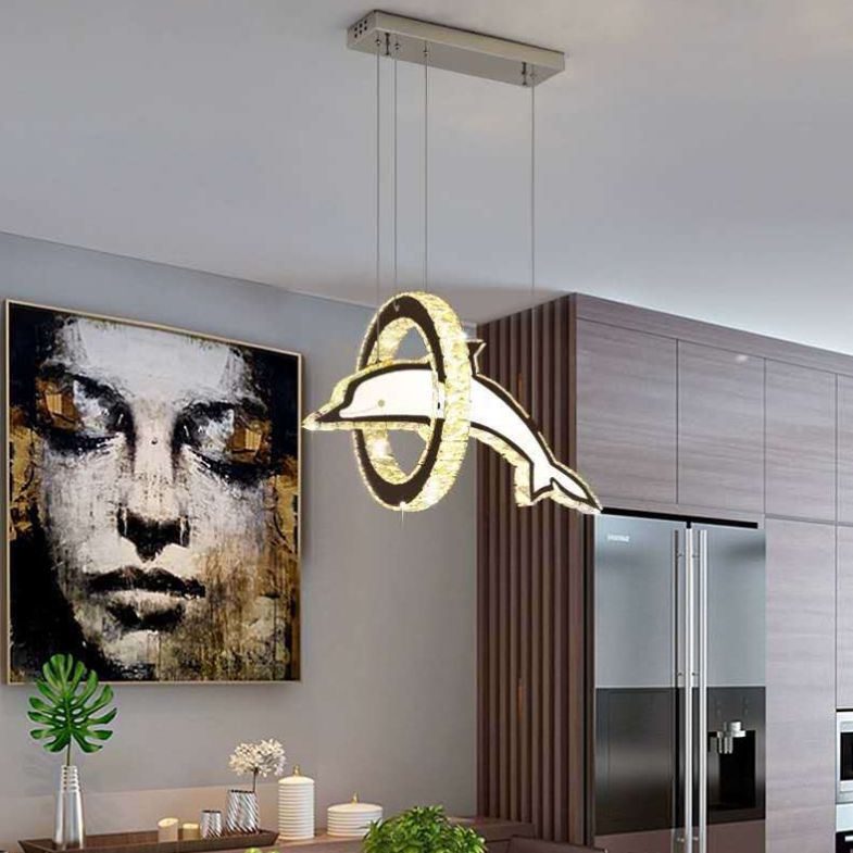 Luz de la isla LED de cristal plateado en moderna luz colgante de acero inoxidable de estilo de lujo para dormitorio