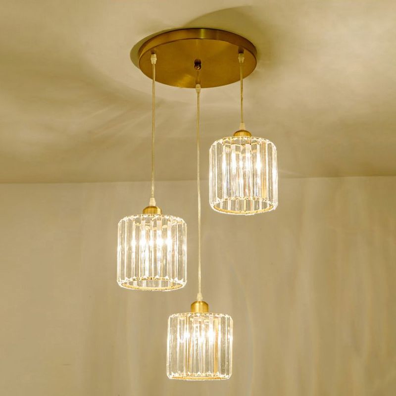Minimalist 3-Head Cluster Pendant Cylindrical Hanging Light with Crystal Shade for Dining Room