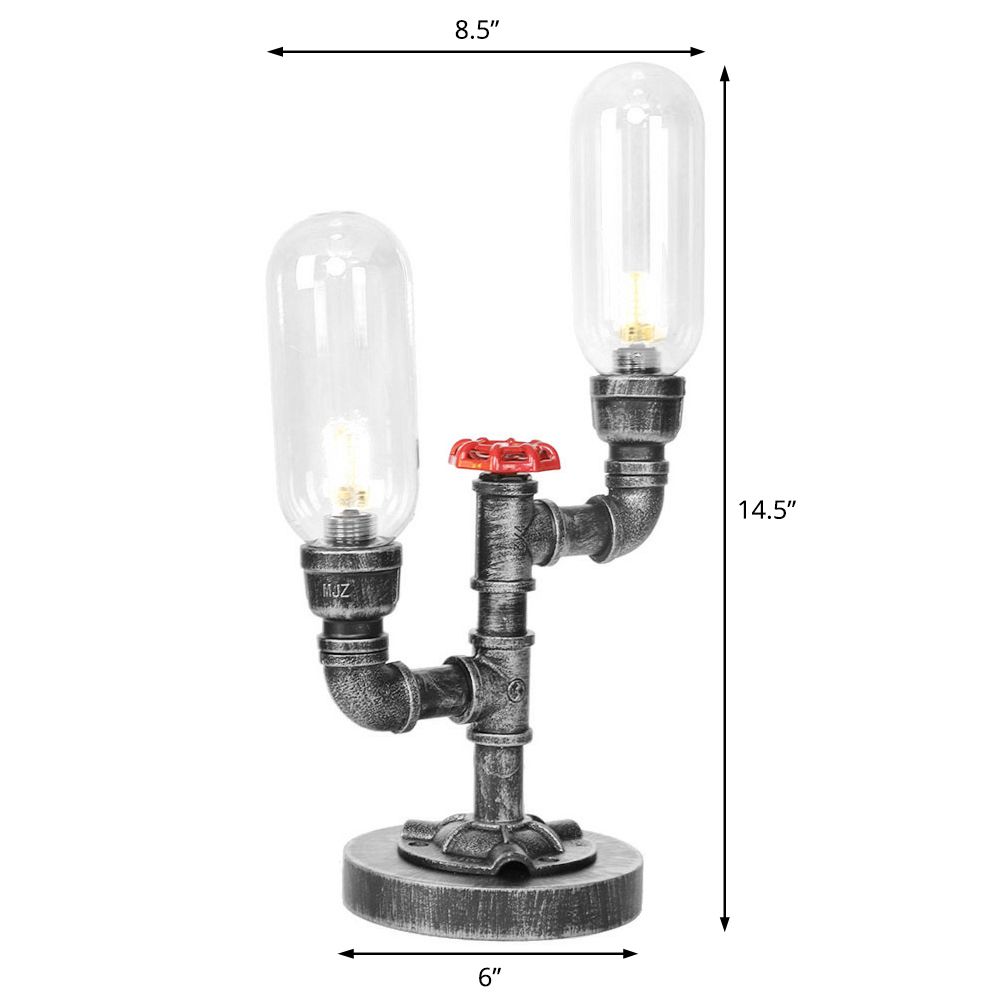 Lámpara de escritorio industrial de 2 luces con pantalla de cápsula de luz de mesa plateada antigua de vidrio transparente/ámbar para sala de estar