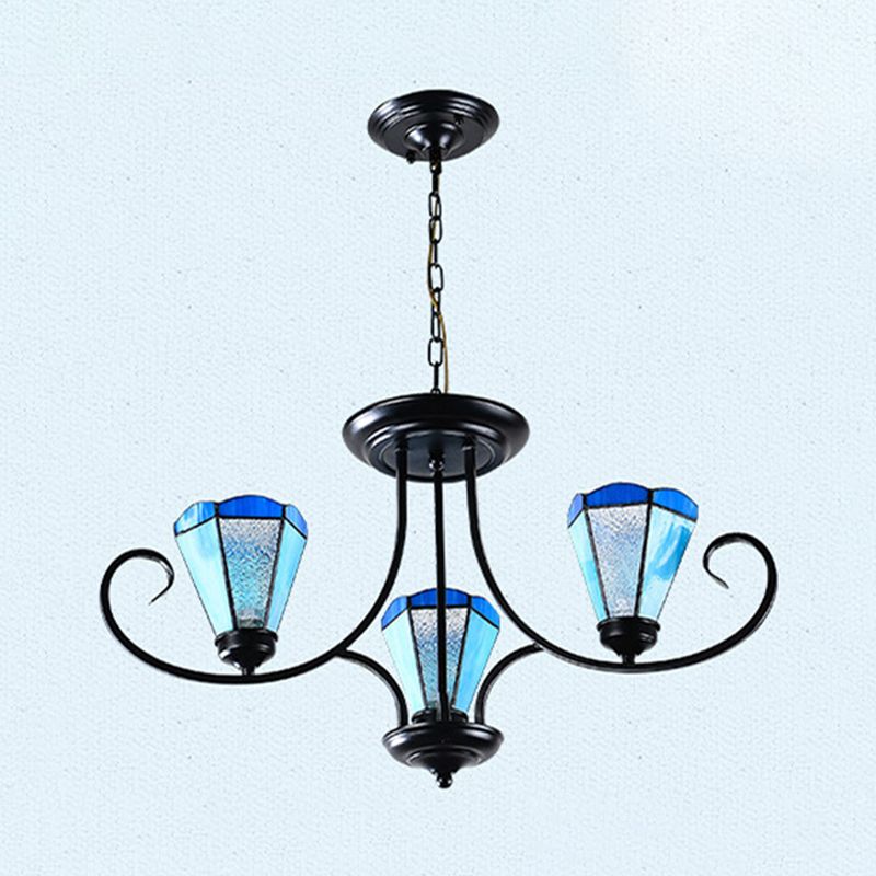 Black 3/6/8 Lights Ceiling Chandelier Baroque Blue Frosted Glass Cone Ceiling Pendant Light, 18"/27.5"/32.5" W