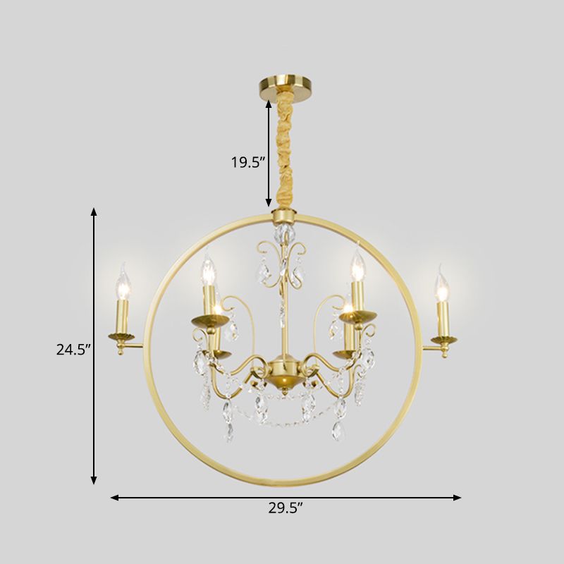 Metallic Golden Ceiling Pendant Circular 6/8-Head Colonial Style Chandelier Light with Crystal Draping
