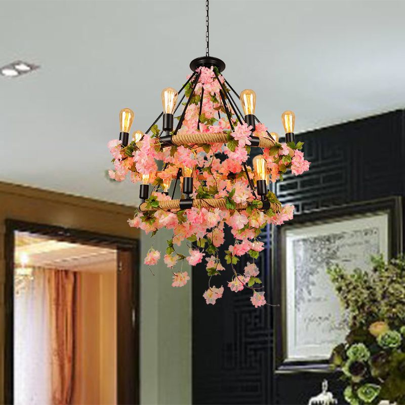 Pink 2 Tiers Chandelier Pendant Light Industrial Metal 14 Heads Restaurant Hanging Lamp with Cherry Blossom