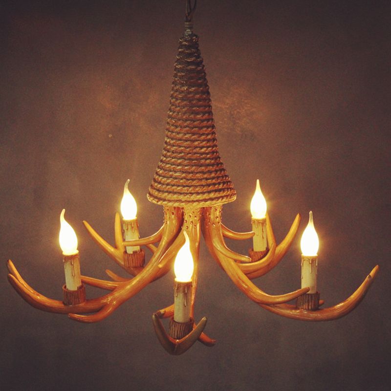Beige Elk Shaped Chandelier Lamp Traditional Metal and Rope 3/5 Lights Living Room Hanging Light