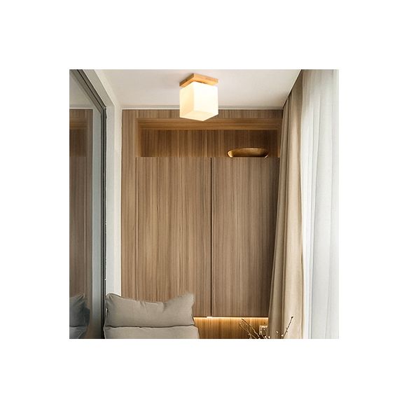 Wood Shaded Close to Ceiling Lighting Fixture Modern Natural Ceiling Mounted Light