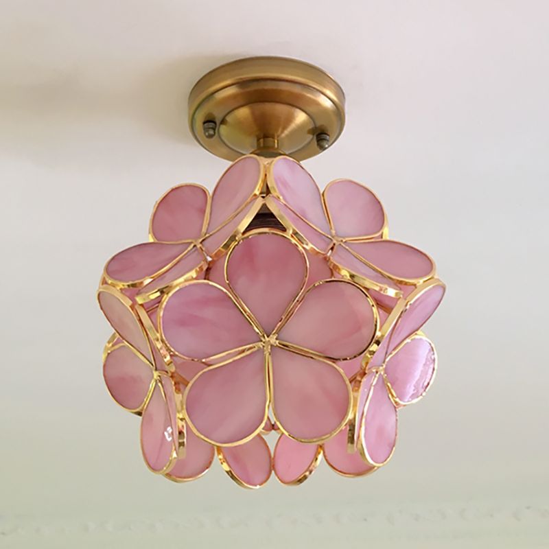 1 Light Pink/Blue/Green/Clear Floral Ceiling Light Fixture Retro Style Stained Glass Flushmount Light for Hallway