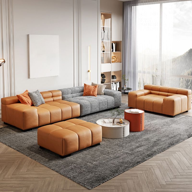 Modern Leather and Fabric Sectional Square Arm Sectional with Pillows