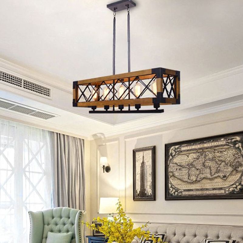 Wood + Iron Cage 5 Light Island Light Industrial Style Hanging Lighting Fixture for Restaurant Cafe Shop