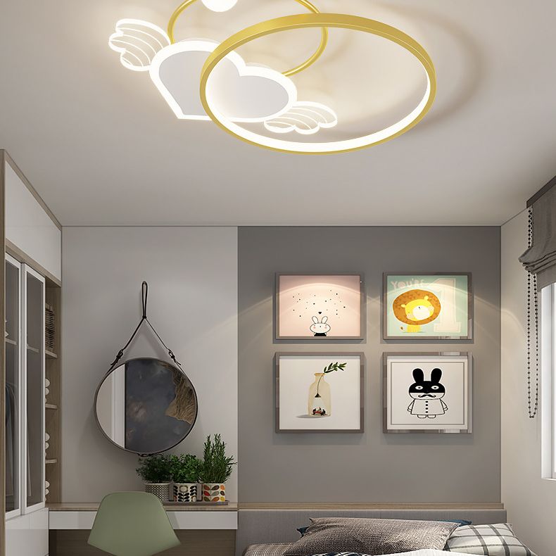 Cartoon Heart Vleugel Flush Mount Plafond Licht Metaal Kids Room LED Flush Light met Halo Ring