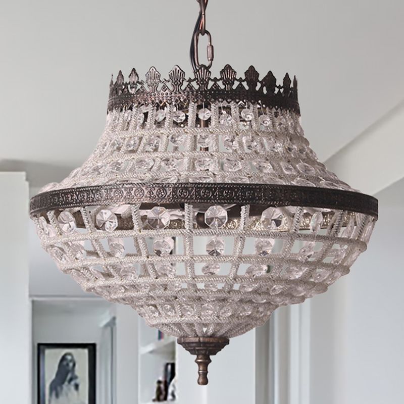 2 Lights Urn Hanging Ceiling Light Vintage Clear Crystal Pendant Lamp in Antique Bronze for Bedroom