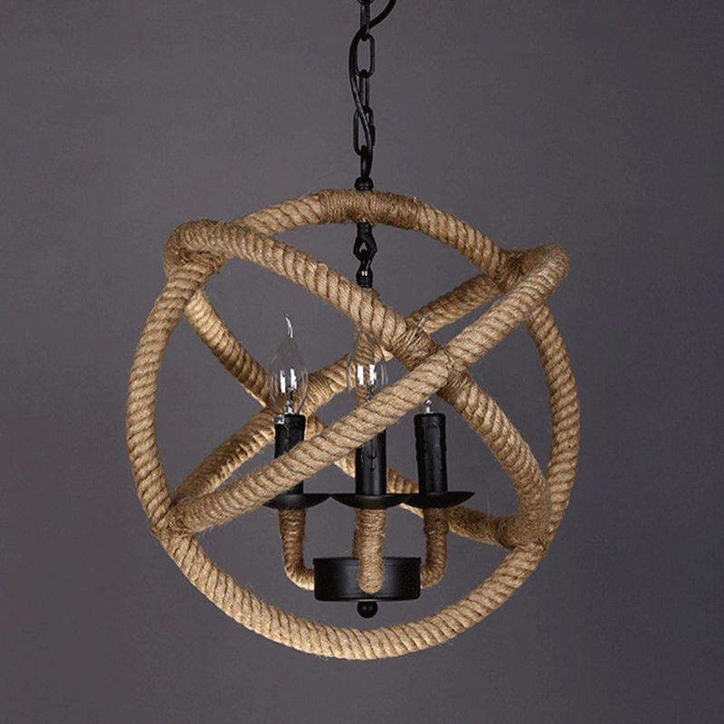 Globe Metal Pendant Lighting Industrial 3 Lights Hemp Rope  Chandelier Hanging Light Fixture in Black