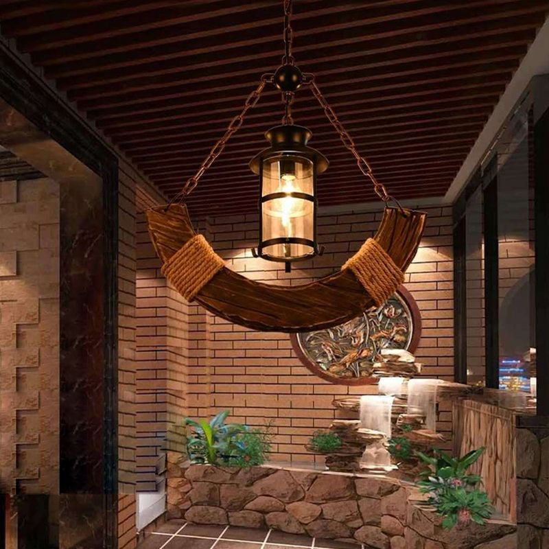 Nautical Style Hanging Light Kerosene Lamp Shaped 1 Head Wood Pendant Lamp for Hallway