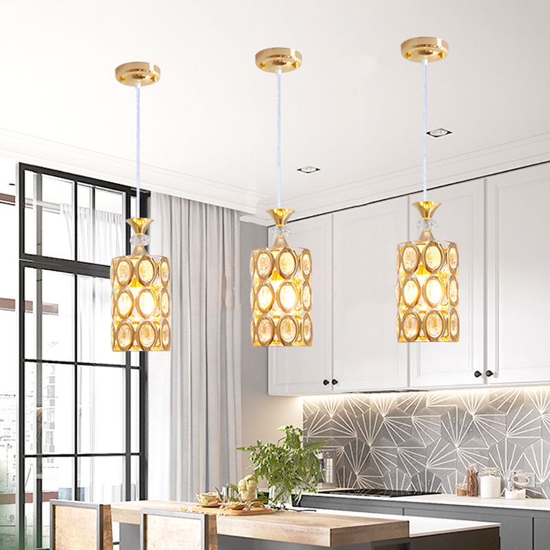 Beveled Crystal Encrusted Cylinder Pendant Modernism 1-Bulb Gold Finish Suspension Light